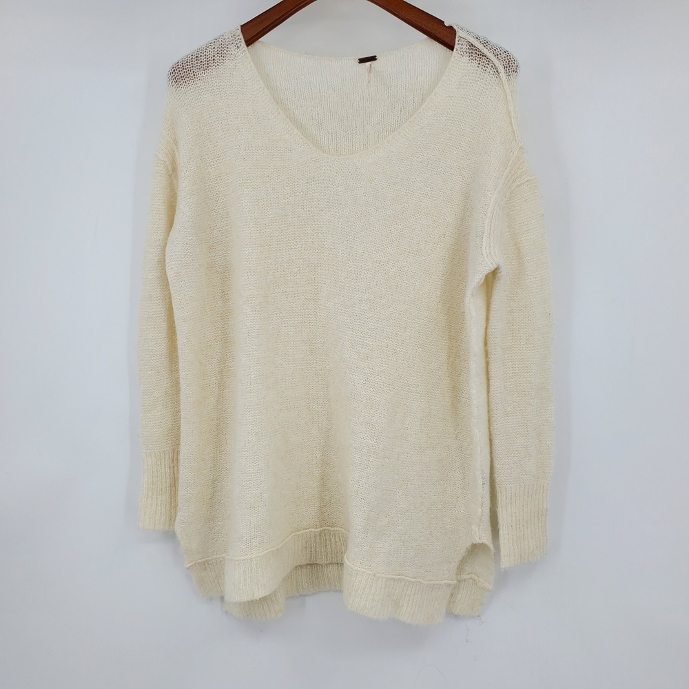 Free People Alpaca Blend V-Neck Oversized Open Knit Sweater Cream Medium Boho